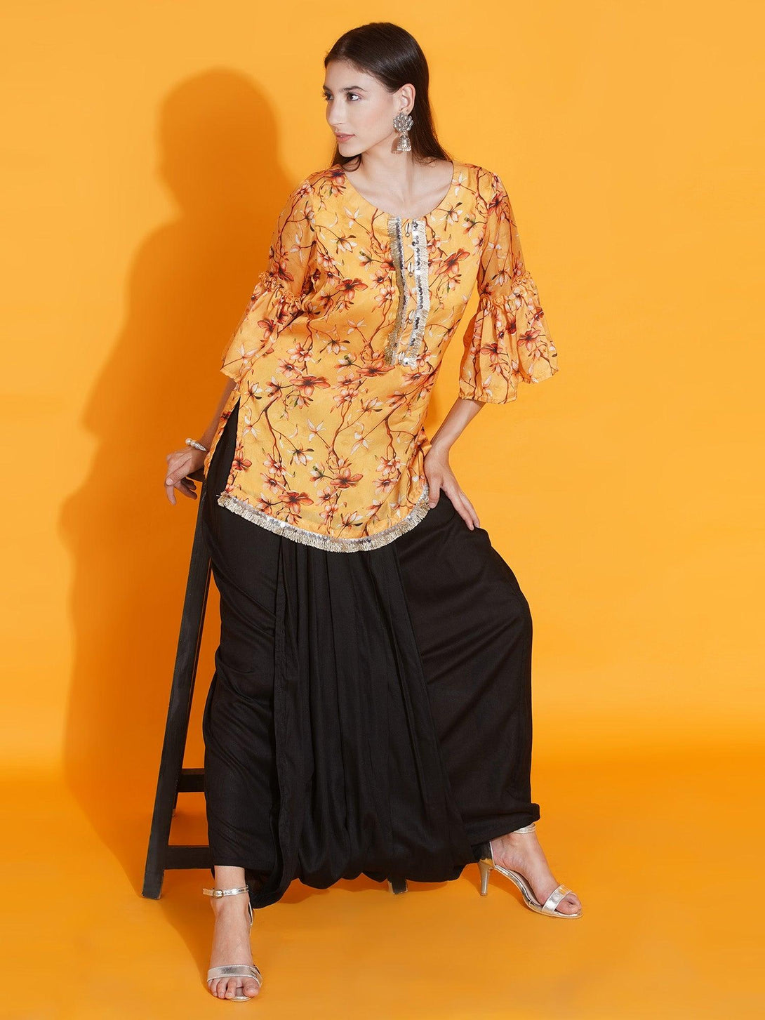 Women's Yellow Printed Satin Georgette Shirt With Bell Slevves And Dhoti - Women Republic - Indiakreations