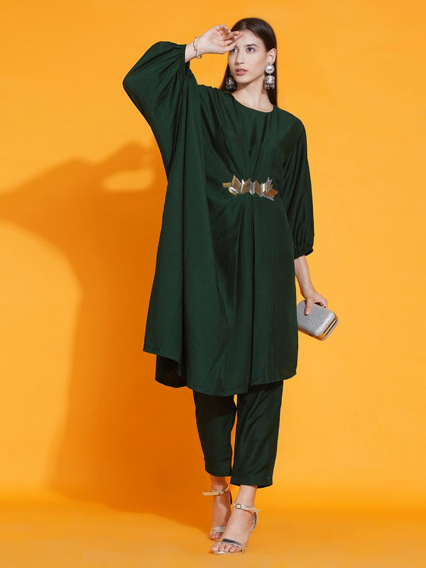 Women's Green Fusion Style Kurta With Hand Embellishment And Pants - Women Republic - Indiakreations