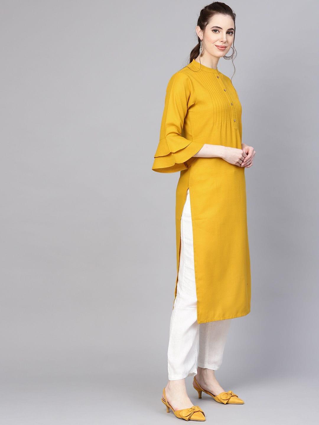 Women Mustard Yellow Solid Straight Kurta - Indiakreations