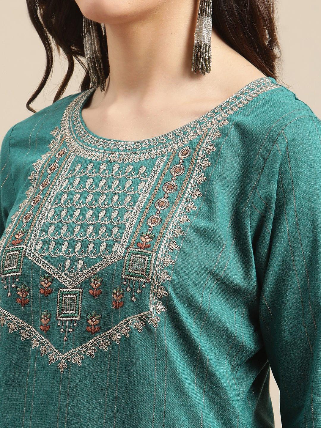 Turquoise Lurex Yoke Embroidery Straight Kurta - Indiakreations