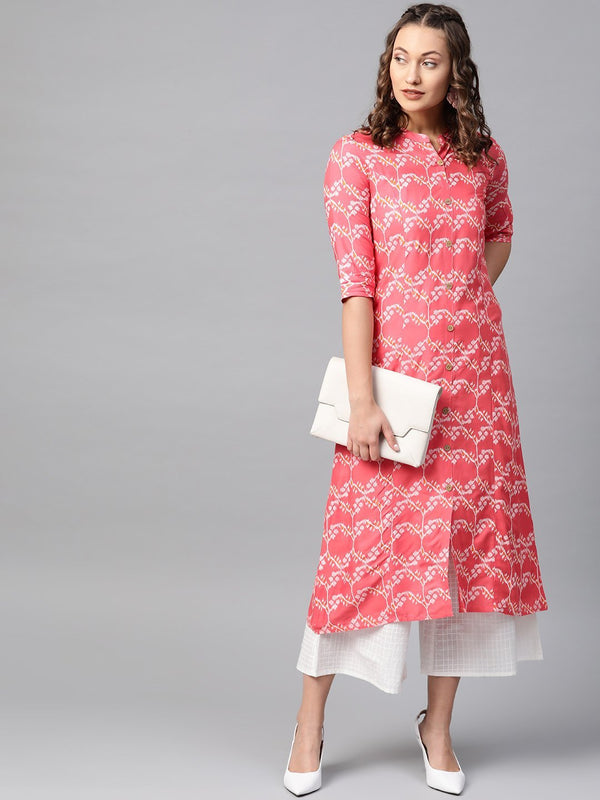 Women's Coral Pink & White Printed Kurta with Palazzos - Anubhutee