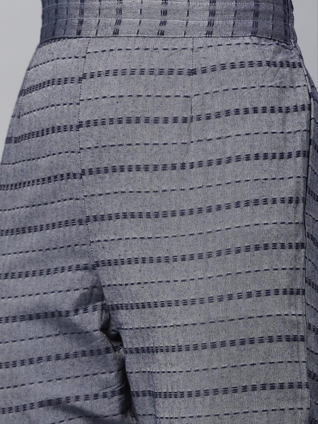 KSUT Navy Blue And Grey Handloom Woven Straight Kurta With Woven Straight Trouser With Grey Silk Dupatta - Indiakreations