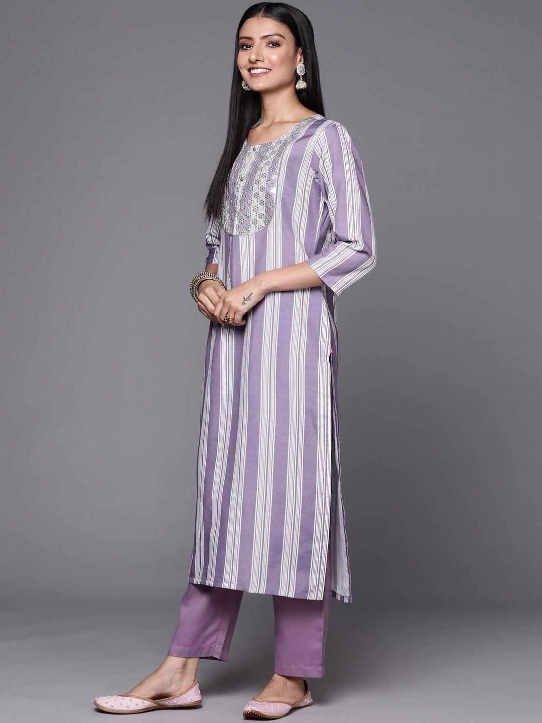 Varanga Women Lavender & White Embroidered Kurta with Trousers & Dupatta - Indiakreations