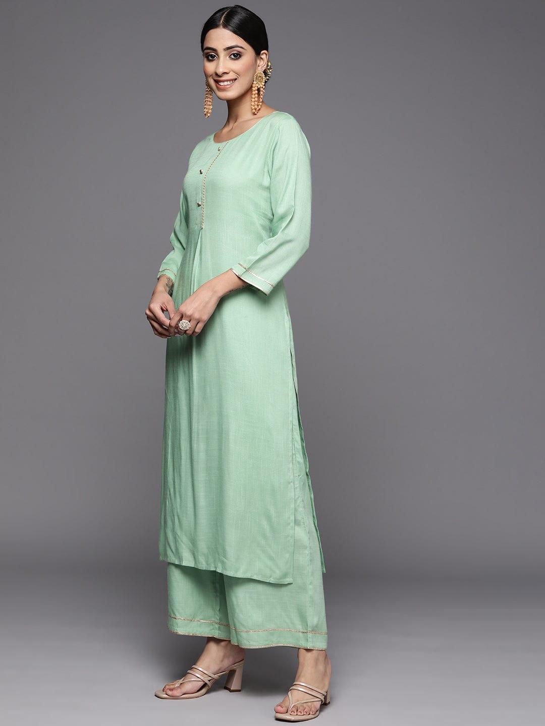 Varanga Women Green Solid Gotta Patti Detail Empire Kurta with Palazzos & With Dupatta - Indiakreations