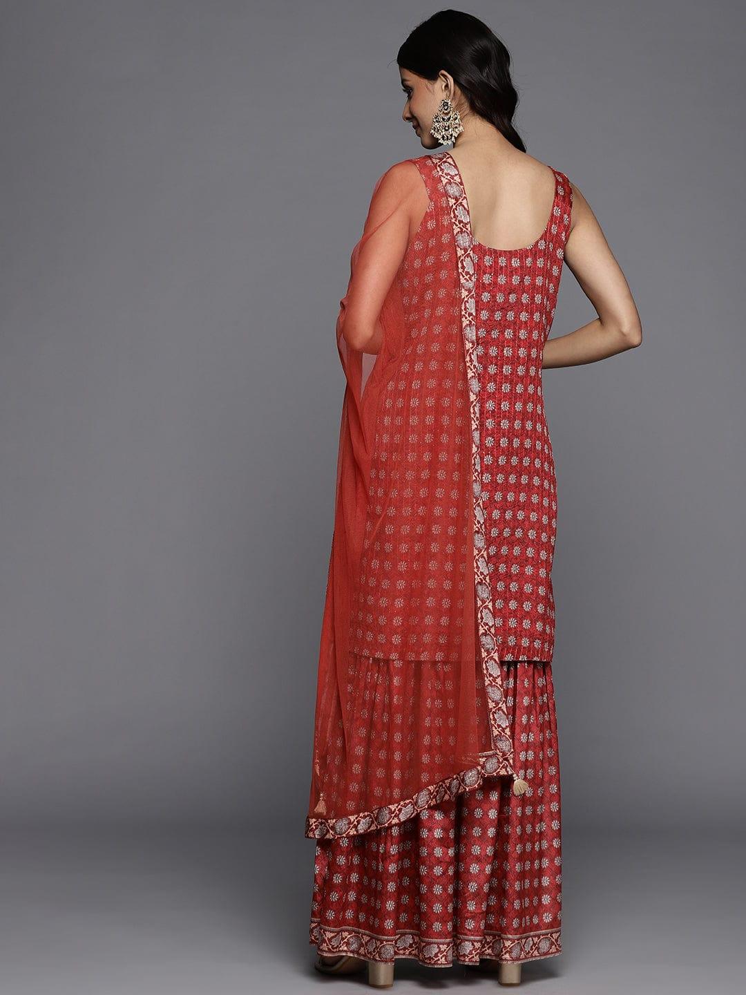 Varanga Women Red Ethnic Motifs Printed Sequinned Kurta with Sharara & Dupatta - Indiakreations