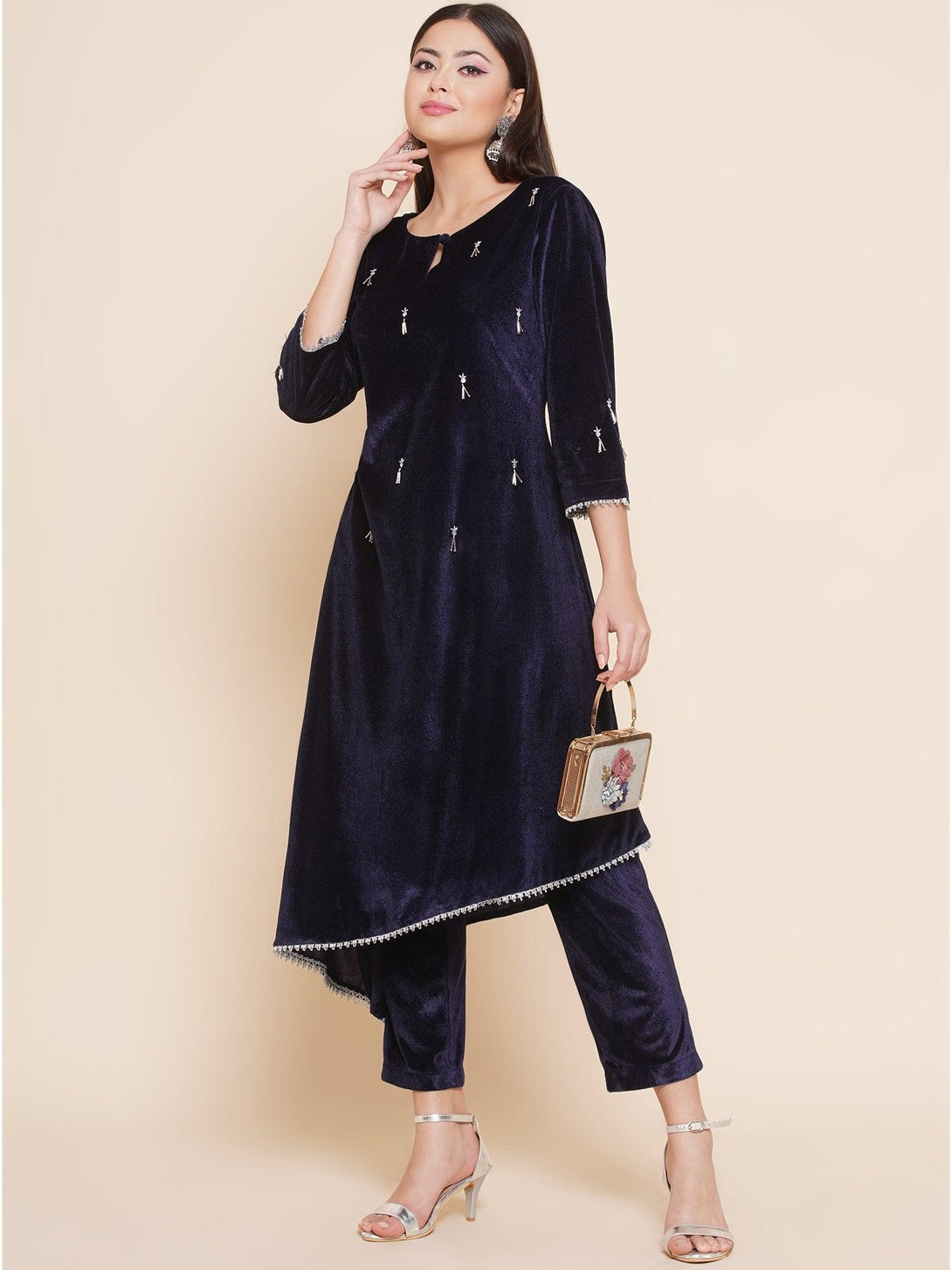 Women's Navy Blue Velvet Assymetrical Hand Embellished Kurta With Pants - Women Republic - Indiakreations