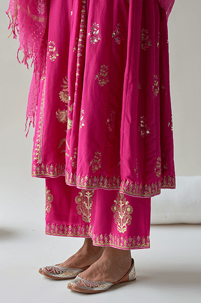 Chaand Rani Foil Rani pink Anarkali with palazzo and Dupatta - Set of 3 - Indiakreations