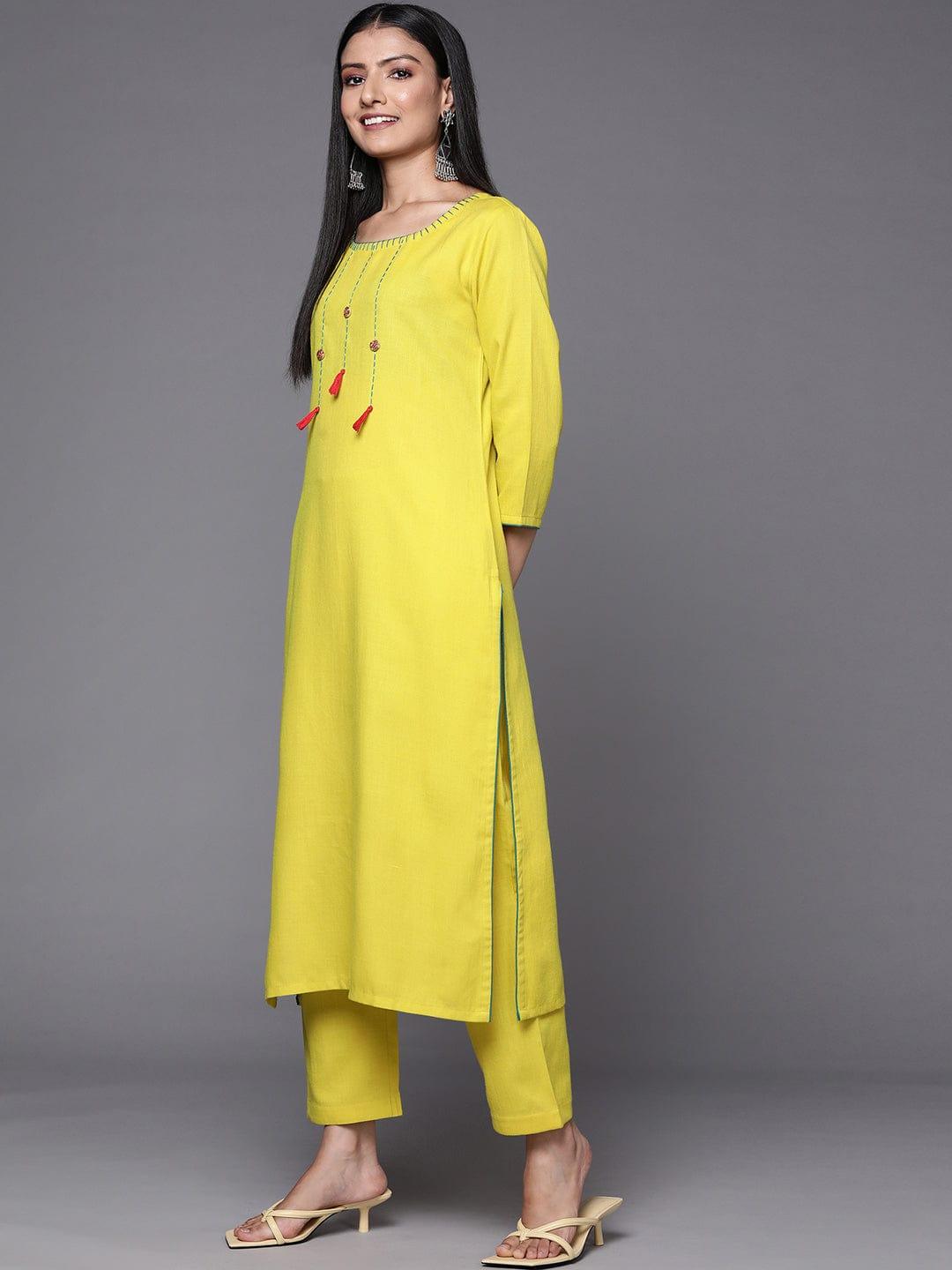 Varanga Women Lime Green Yoke Design Thread Work Kurta with Trousers & Dupatta - Indiakreations