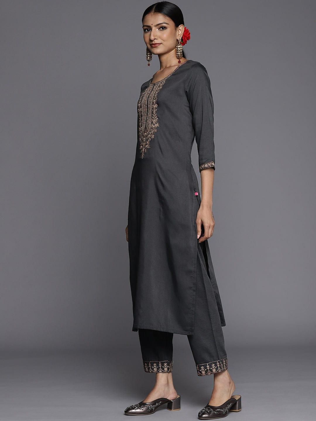 Varanga Women Grey Ethnic Motifs Yoke Design Kurta with Trousers & With Dupatta - Indiakreations