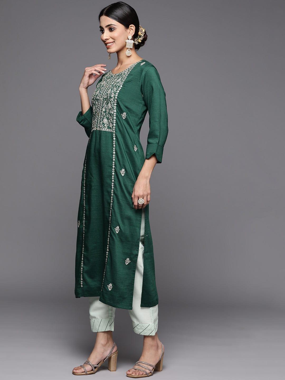 Varanga Women Green Embroidered Gotta Patti Pure Cotton Kurta with Trousers & Dupatta - Indiakreations