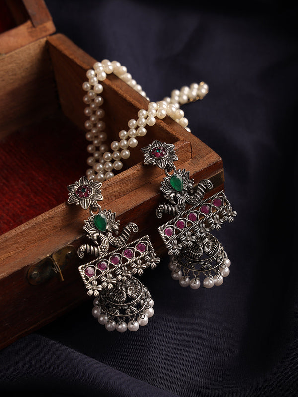 Women's Pink & Green Oxidised Silver-Plated German Silver Stone Studded & Beaded Jhumkas - Jazz and Sizzle