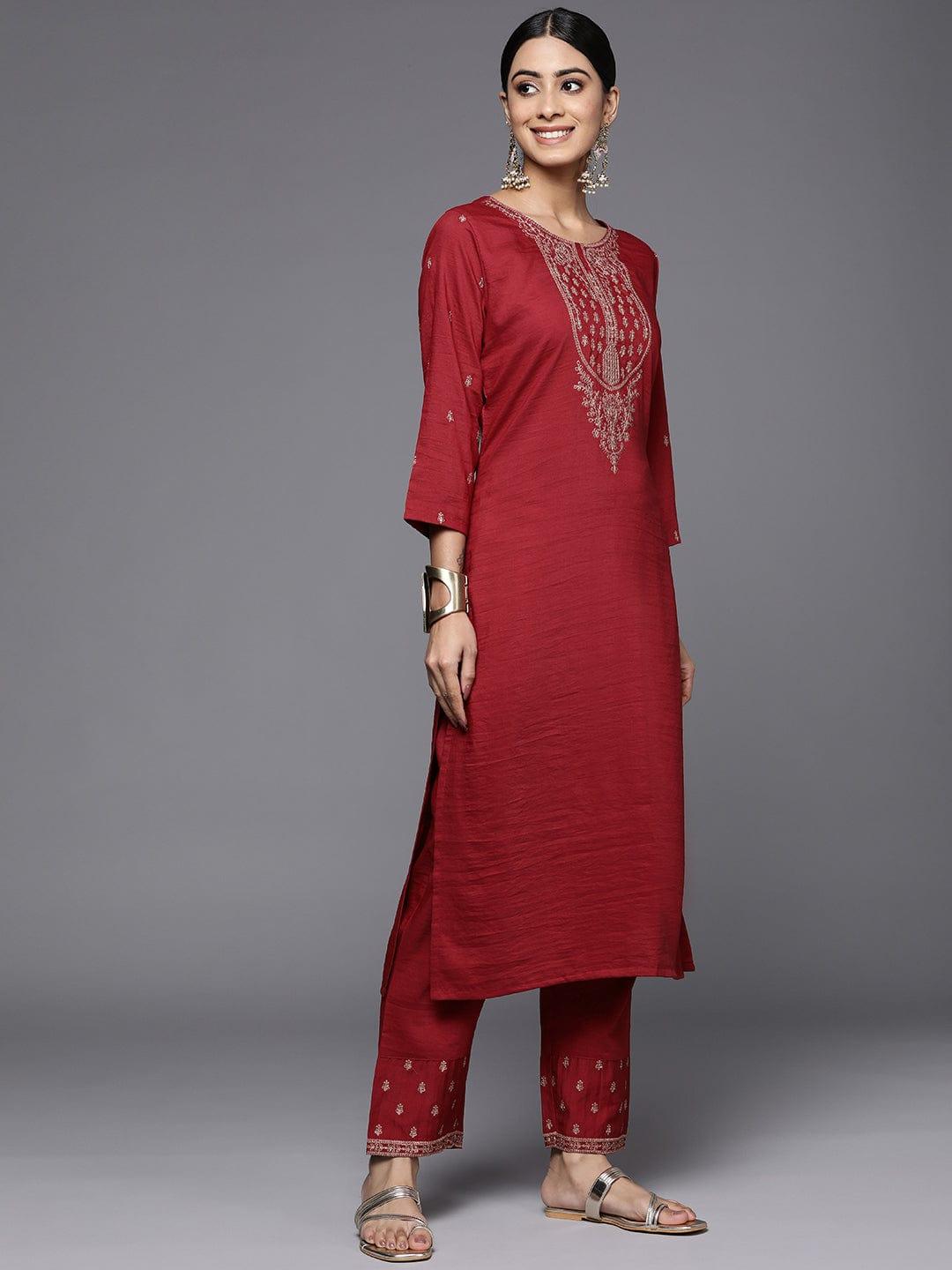 Varanga Maroon Embroidered Kurta With Embroidered Trouser And Ombre Dupatta - Indiakreations