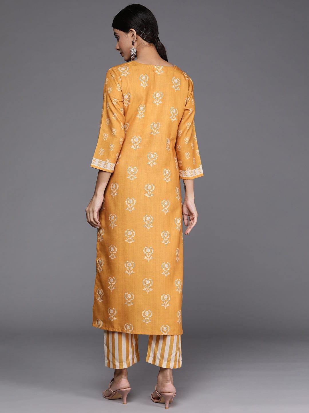 Varanga Winter mustard digital printed kurta with v neckline paired with straight trouser - Indiakreations