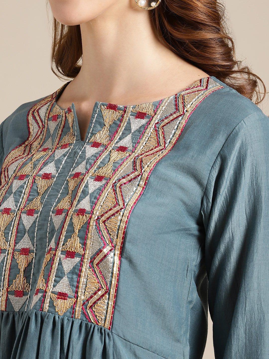 Teal Flared Round Neck Kurta With Embroidery And Gotta Patti - Indiakreations