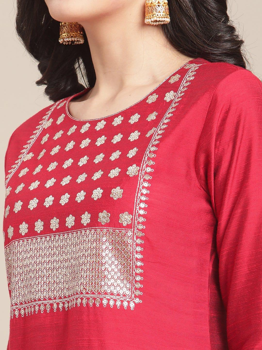 Red Sequins Embroidery Kurta Set With Red And Golden Silk Dupatta - Indiakreations