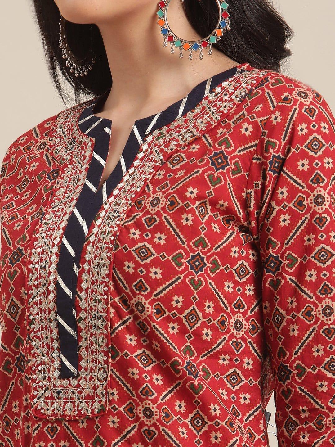 Maroon And Beige Abstract Printed Kurta With Gota Embellished Yoke And 3/4Th Sleeves - Indiakreations