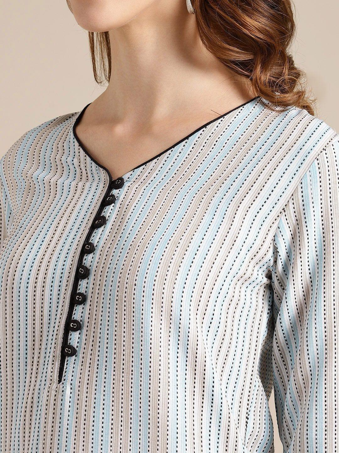 KSUT Blue And Off White Stripe Woven Kurta With Cord Pipen Detailing On Yoke And Sleeves - Indiakreations