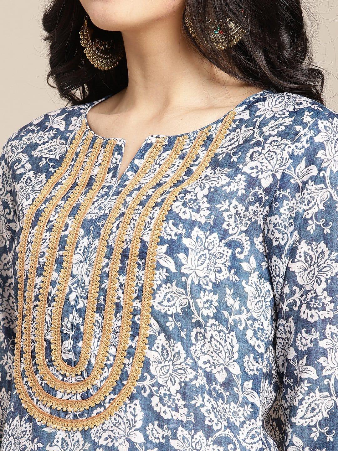 Blue And Off White Floral Printed Kurta With Lace Embellishment On Yoke - Indiakreations