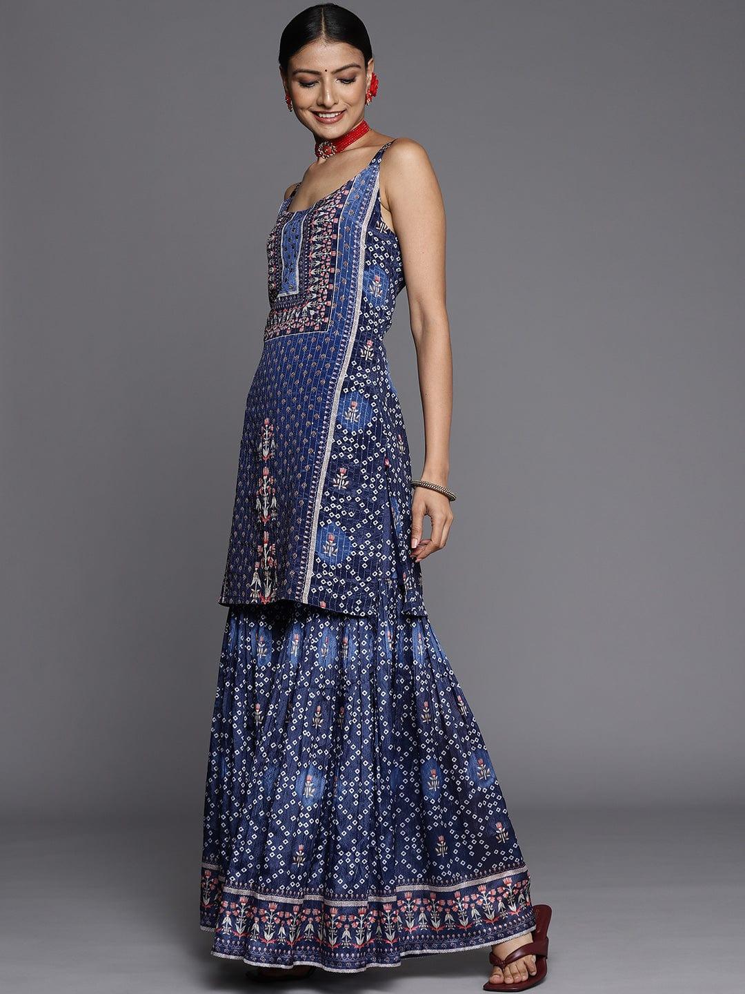 Varanga Women Navy Blue Ethnic Motifs Embroidered Sequinned Kurta with Trousers & With Dupatta - Indiakreations