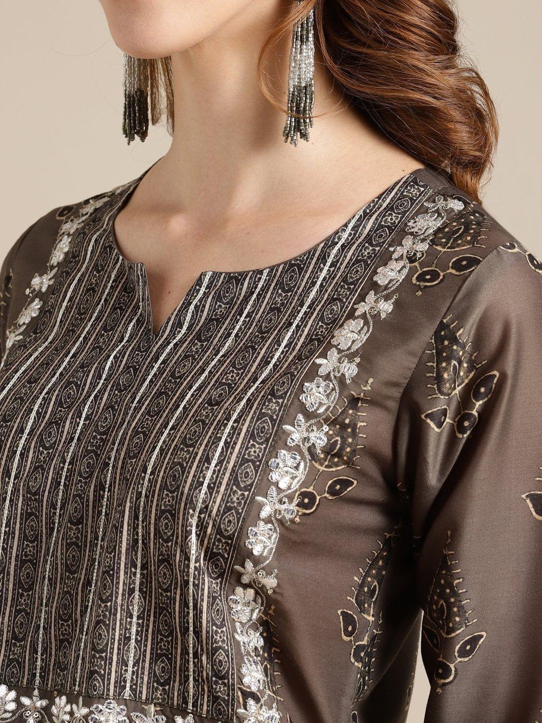 Olive Printed Kurta With Gota Embellishment On Yoke - Indiakreations