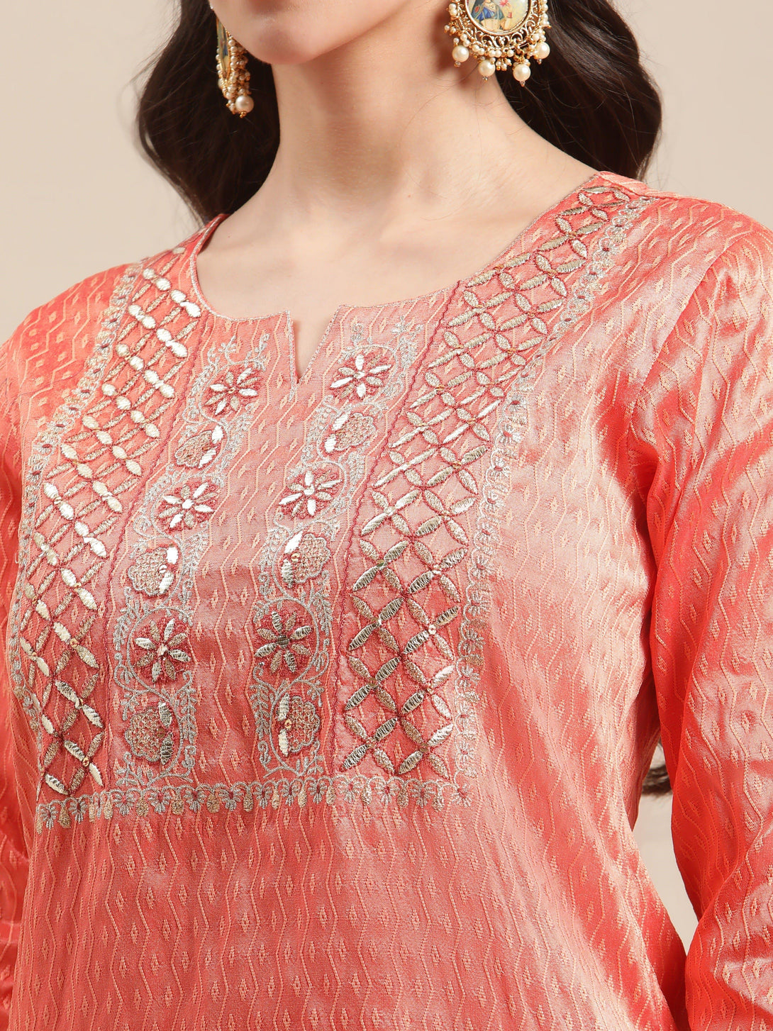 Coral Gota Patti Embroidery Kurta Trouser Set With Floral Printed Dupatta - Indiakreations