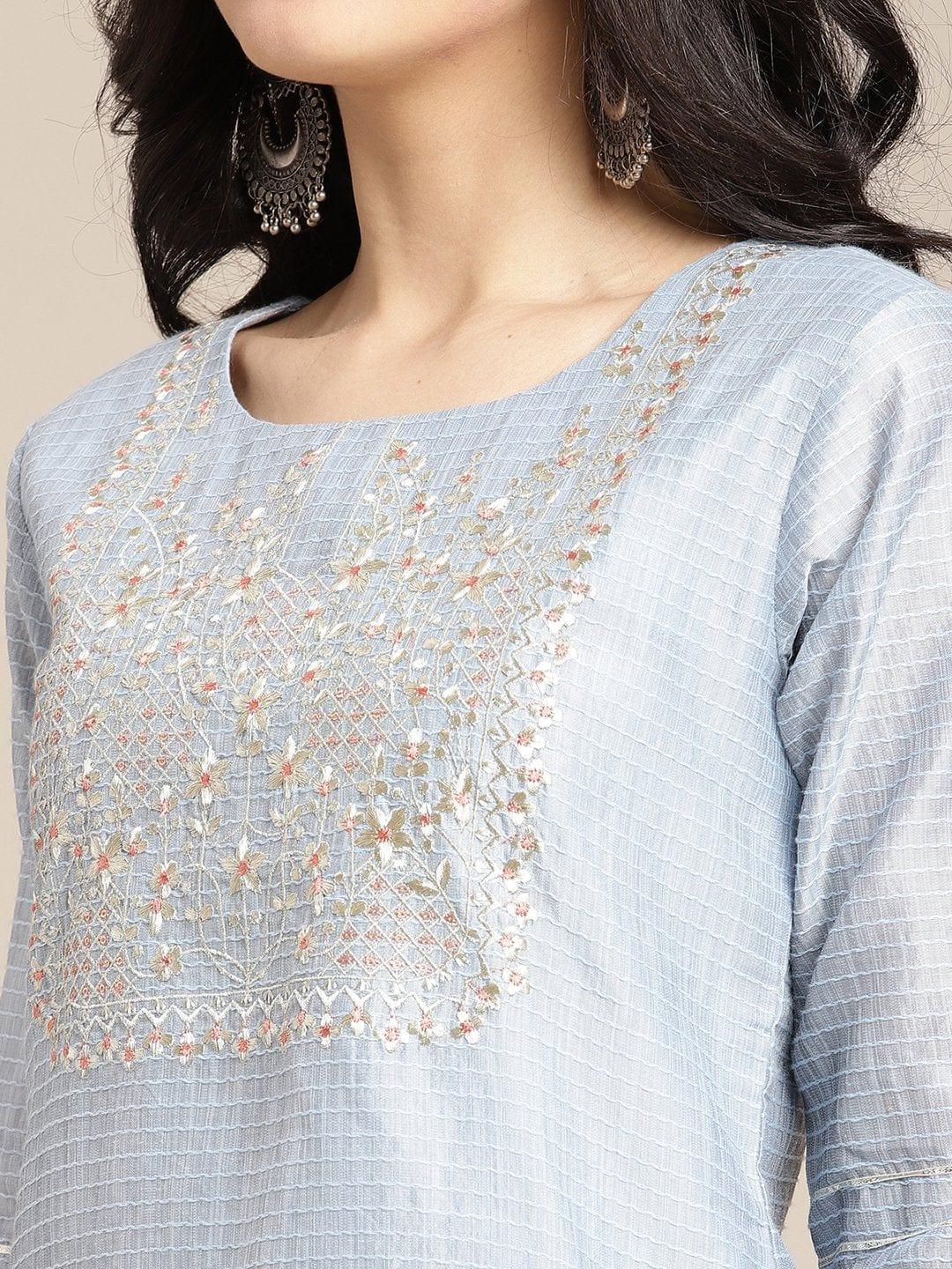 Powder Blue Zari Embroidery Kurta Trouser Set With Peach Heavy Gota Work Dupatta - Indiakreations