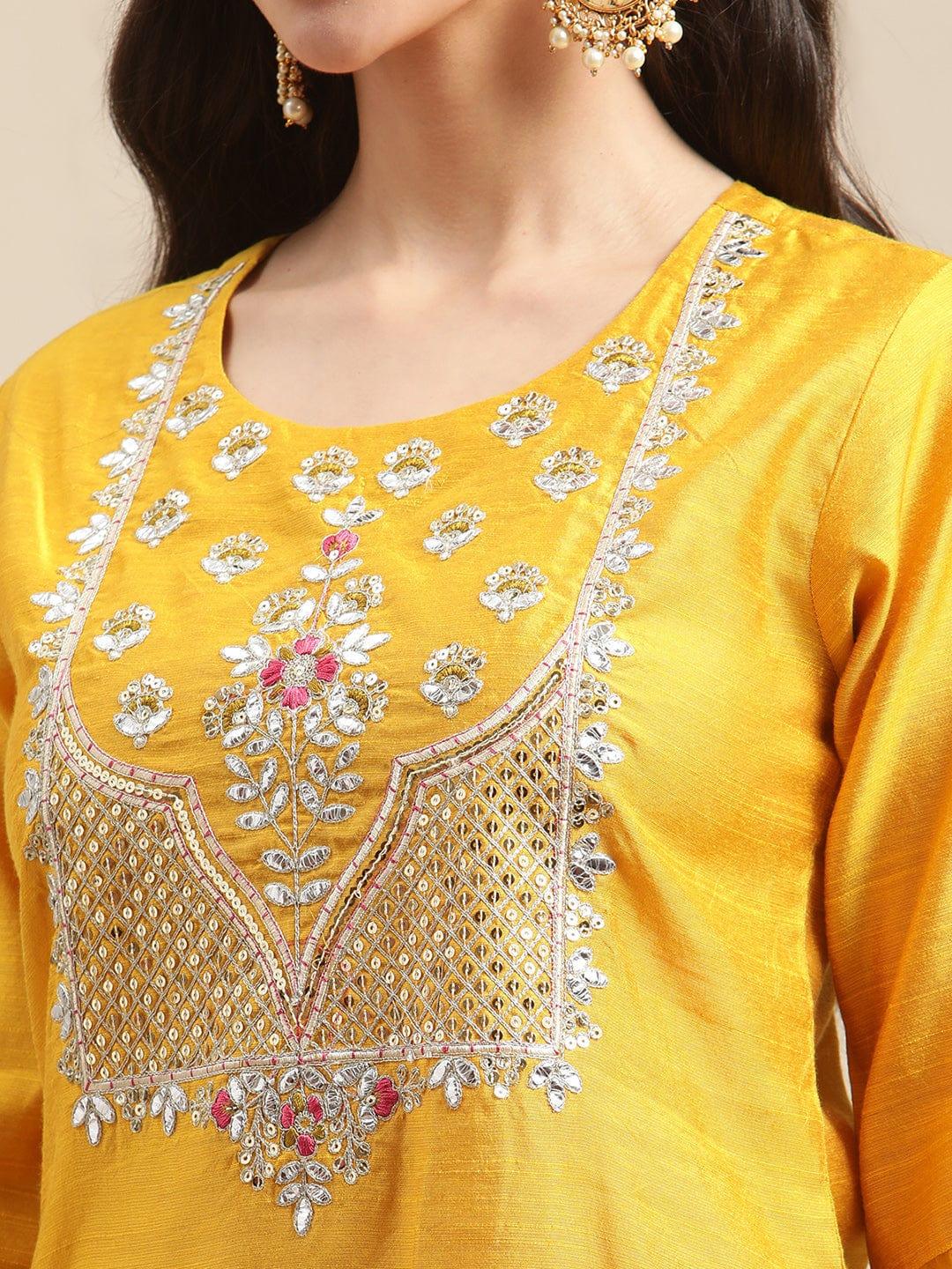 Mustard Heavy Yoke Embroidery Kurta Set With Pink Sheer Dupatta - Indiakreations