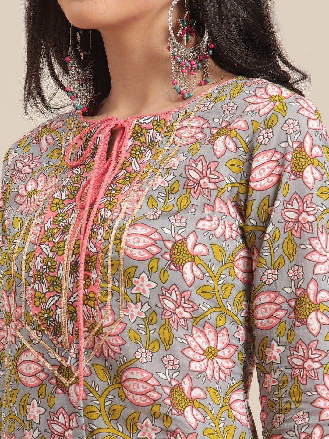 Grey And Peach Floral Printed Gota Work Straight Kurta With 3/4Th Sleeves - Indiakreations