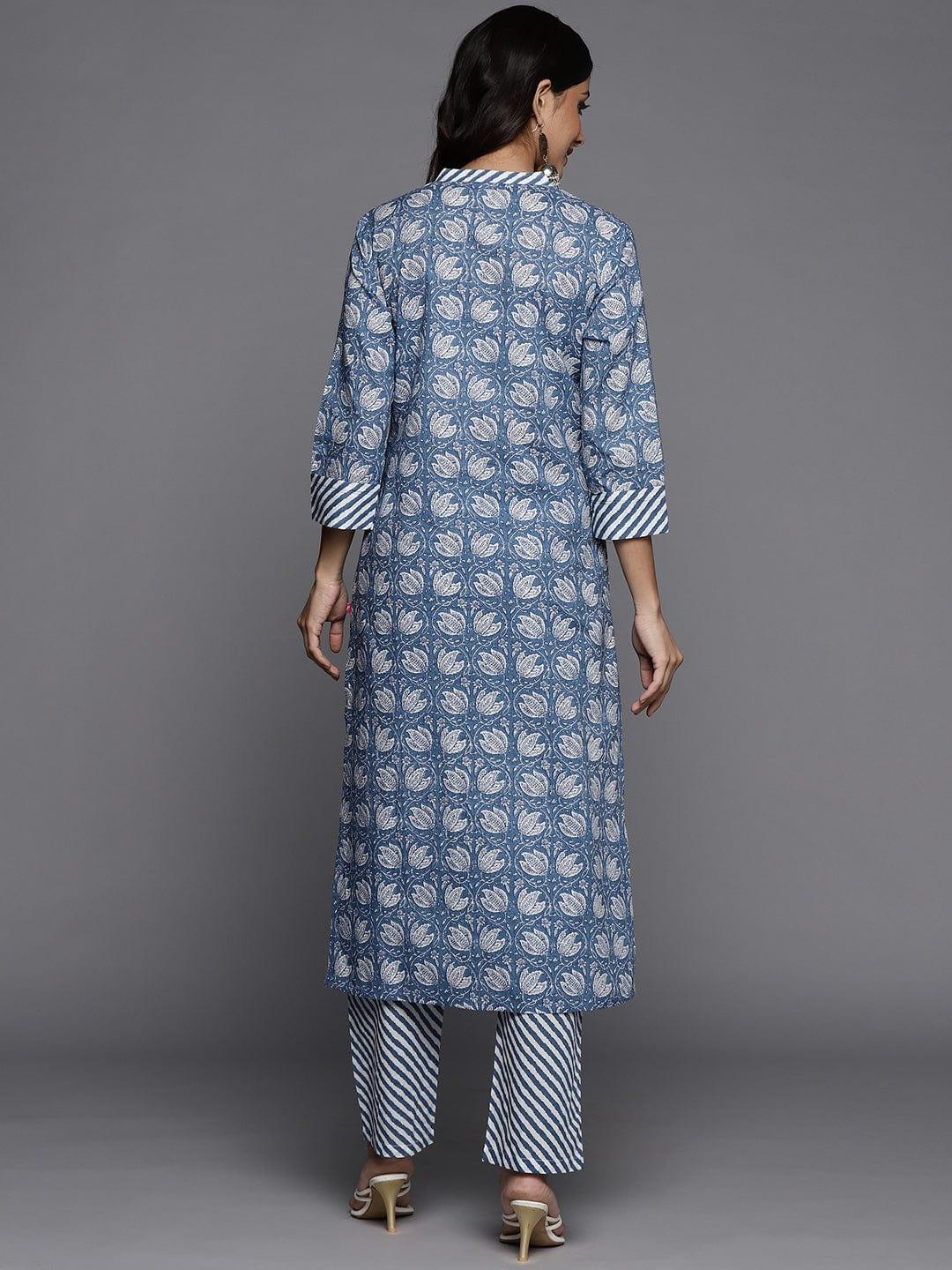 Varanga Women Blue Ethnic Motifs Printed Pure Cotton Kurta with Trousers - Indiakreations