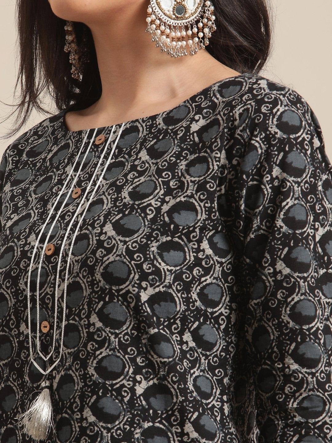 Black And Beige Abstract Printed Kurta With Gota Embellishment On Yoke - Indiakreations