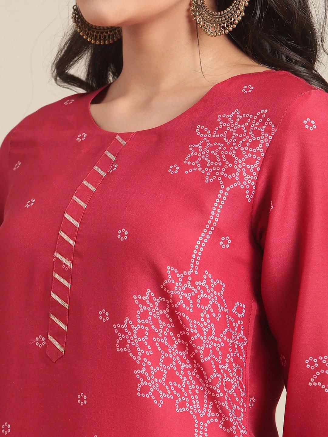 Silk Red Bandhani Printed Kurta With Gota Embellished Yoke And Sleeves - Indiakreations