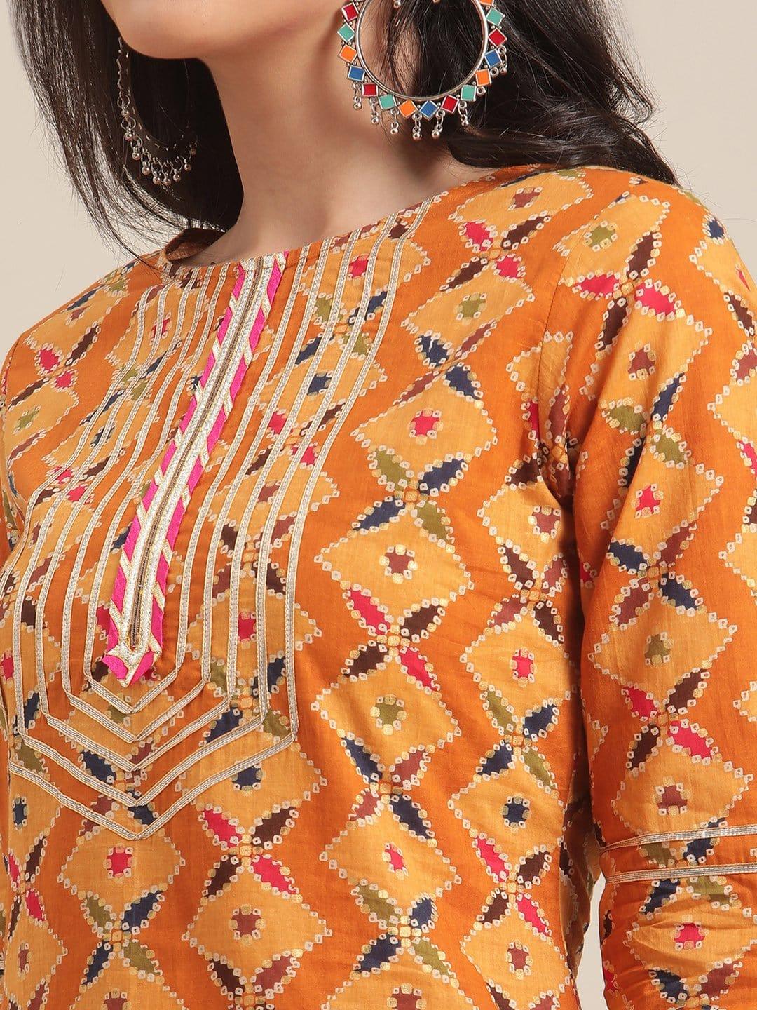 Mustard Abstract Printed Kurta With Gota Lace Embellished Yoke - Indiakreations