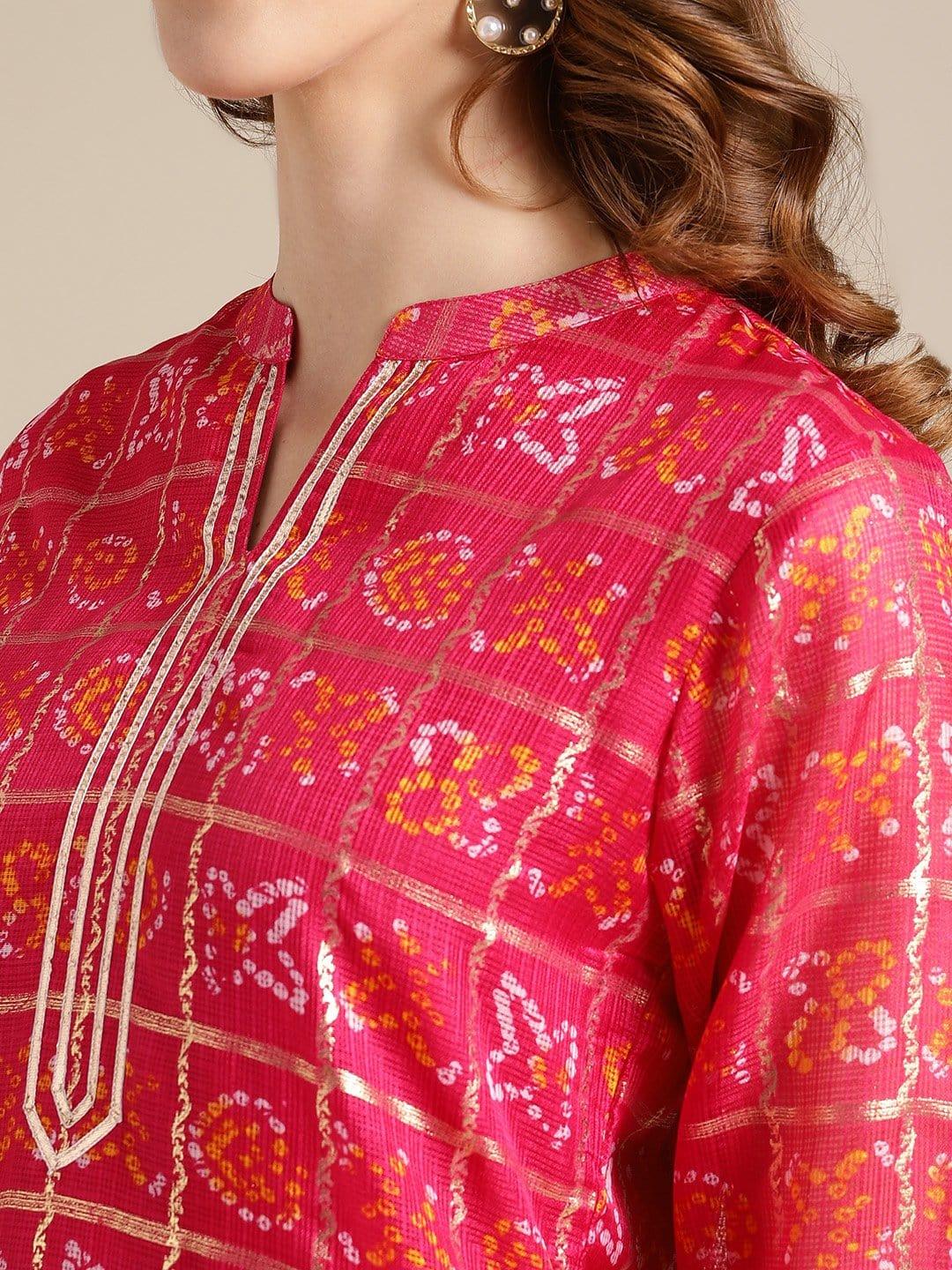 Pink And Gold Bandhej Kurta With Gota Embellishment On Yoke And Sleeves - Indiakreations