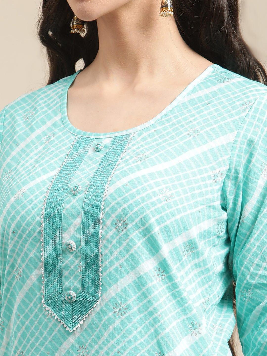 Blue Leheriya printed thread work embellished Kurta with white gota work trouser - Indiakreations