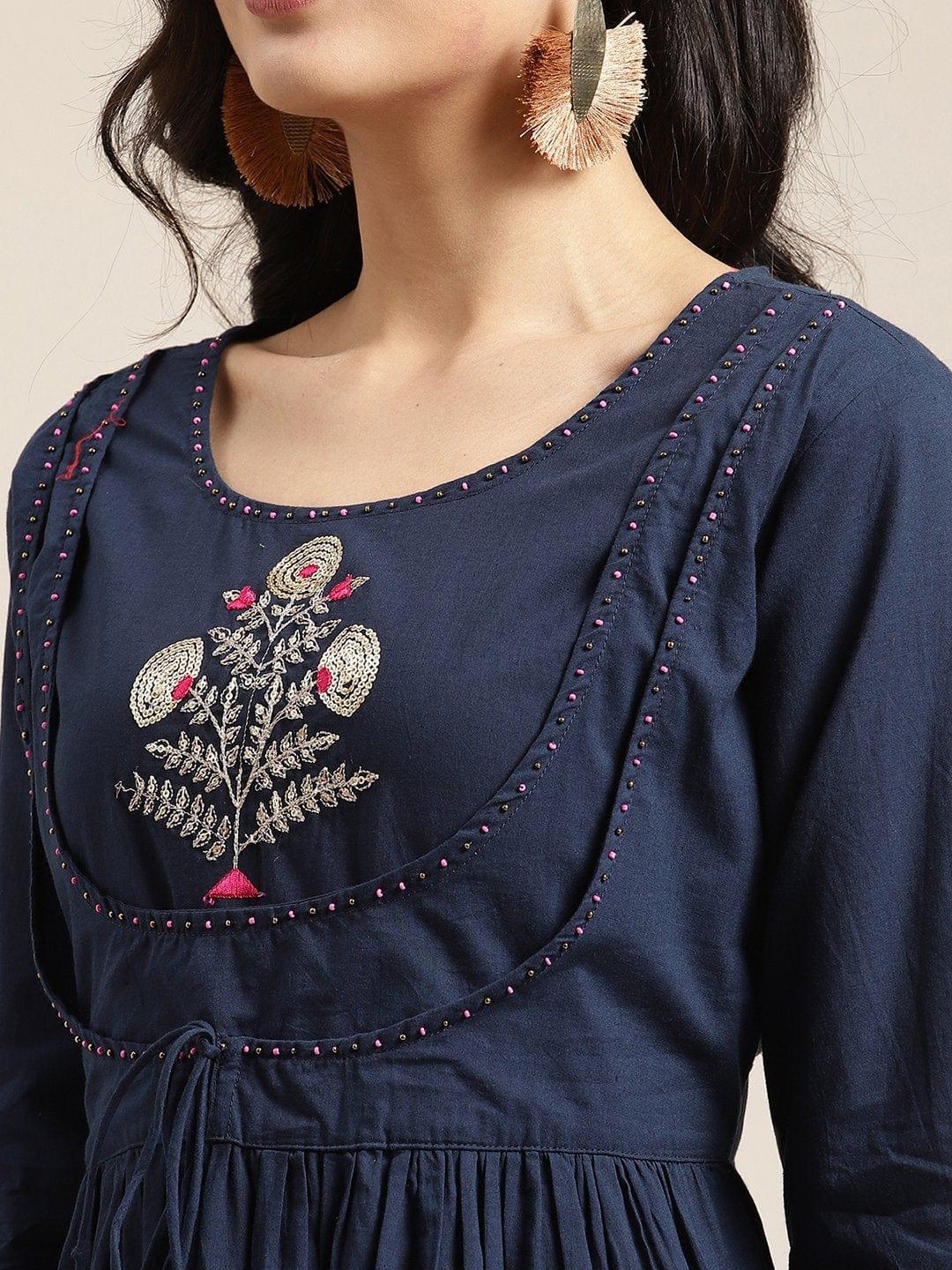 Teal And Pink Floral Embroidery Yoke Kurta With Pink Foil Printed Dupatta - Indiakreations