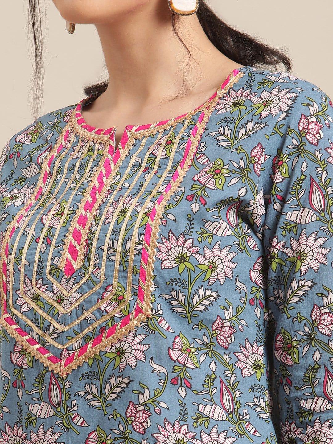 Blue And Green Floral Printed Gota Work Straight Kurta With 3/4Th Sleeves - Indiakreations