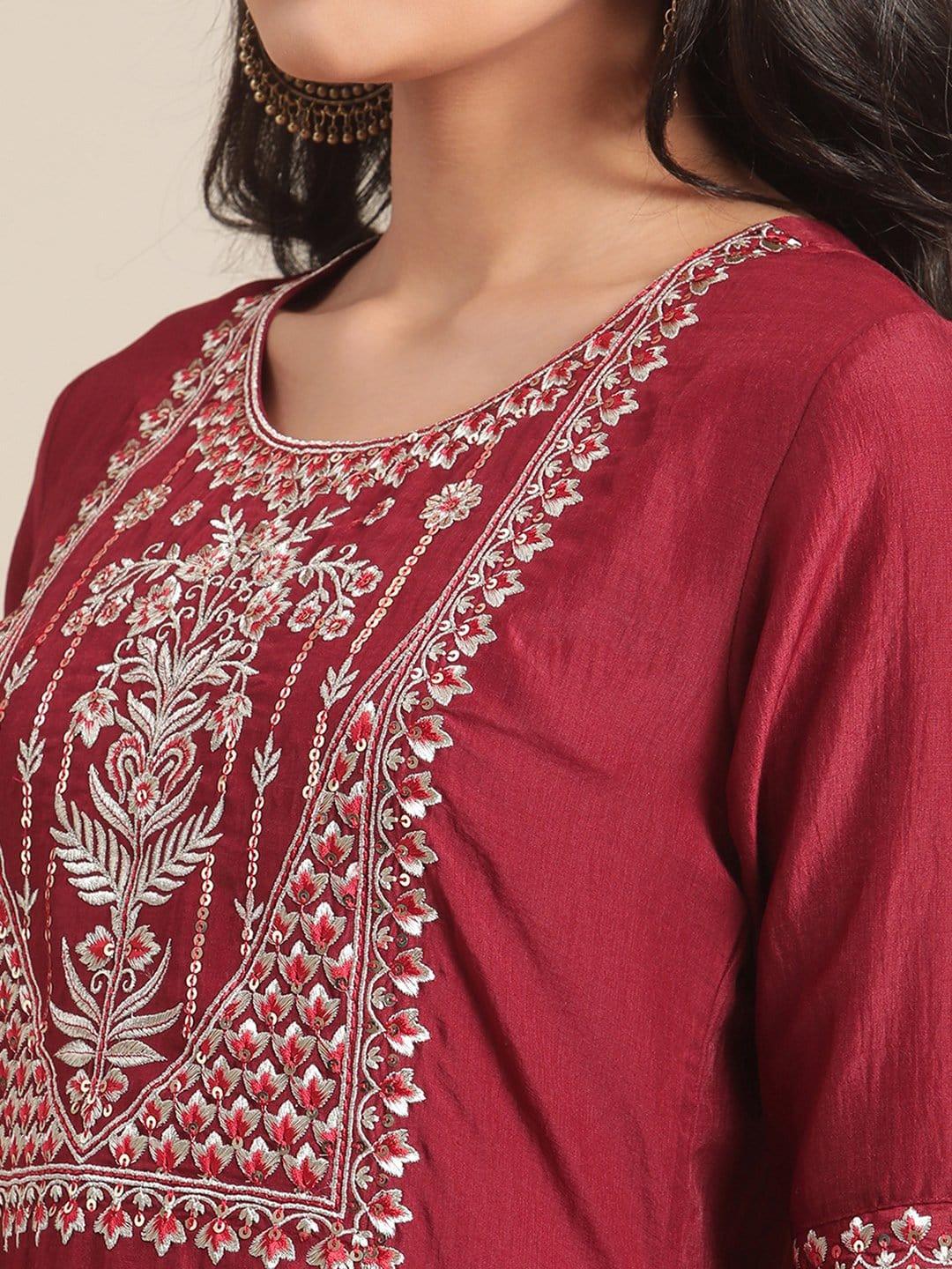 Maroon Embroidred Yoke Straight Kurta With Round Neck And Sleeve With Orgaza,Paired With Trouser - Indiakreations