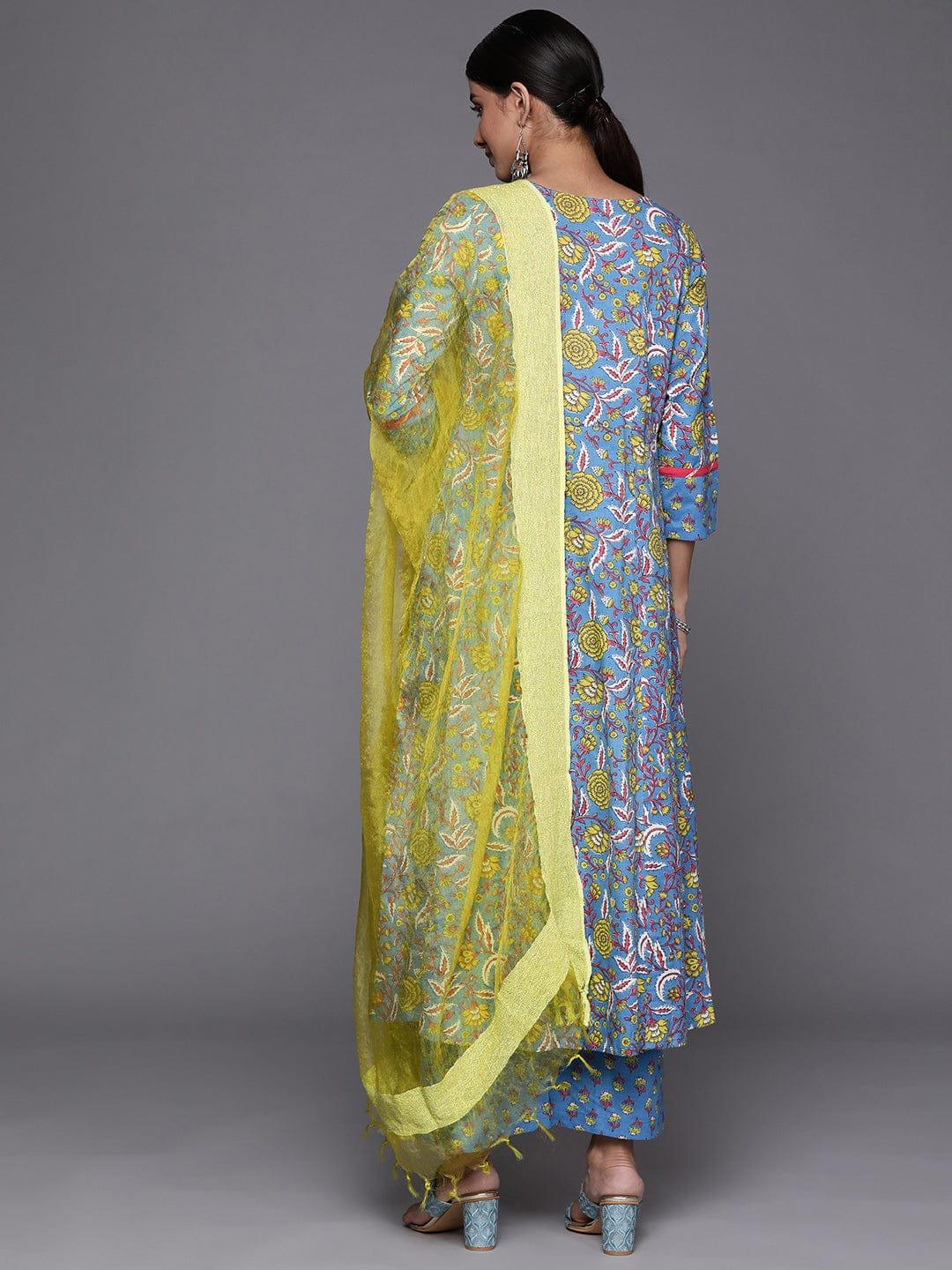 Varanga Women Blue Floral Printed Pure Cotton Kurta with Palazzos & With Dupatta - Indiakreations