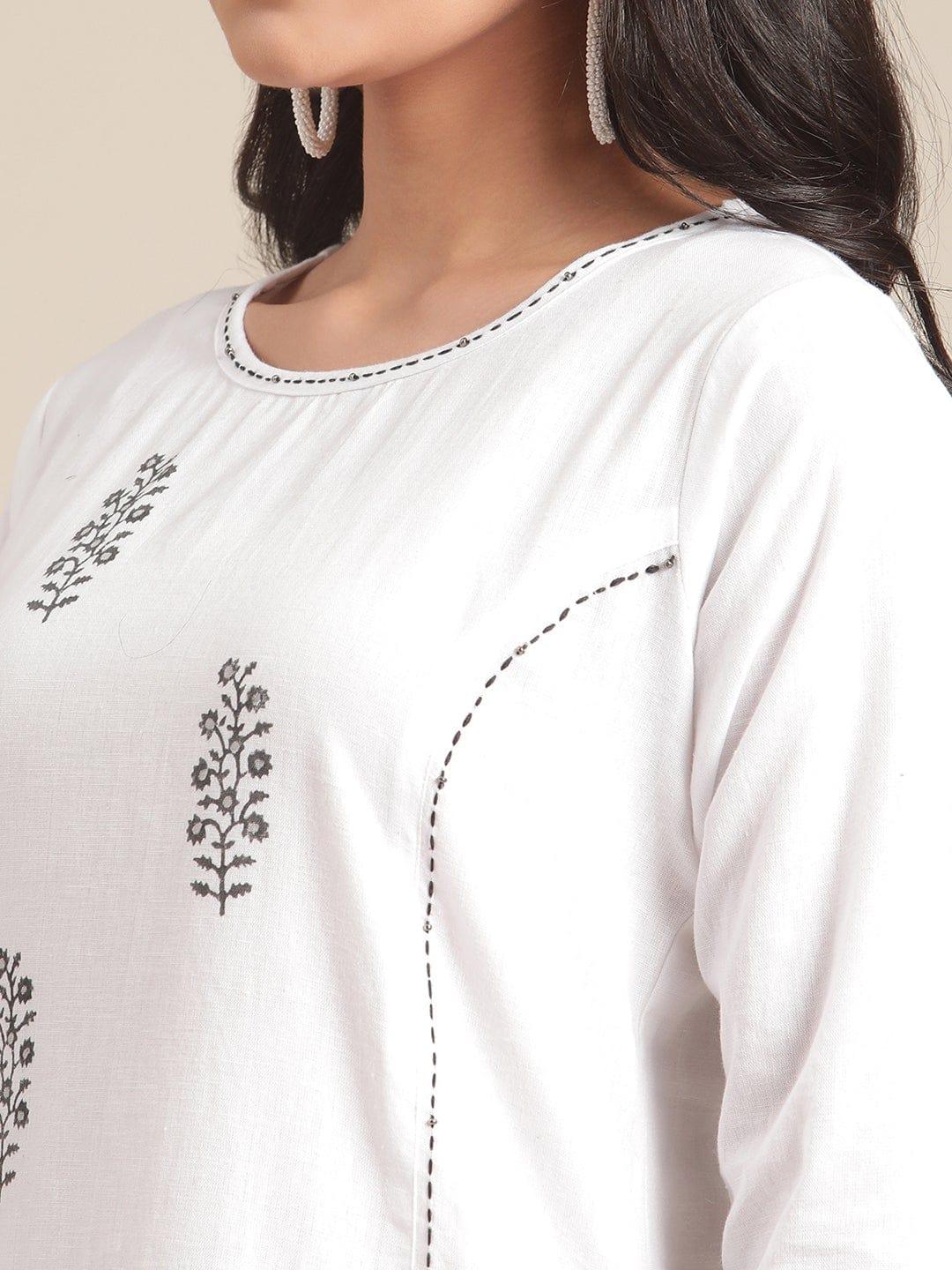 KSUT White & Black Ethnic Motifs Block Printed & Kantha Work Kurta with Trousers - Indiakreations