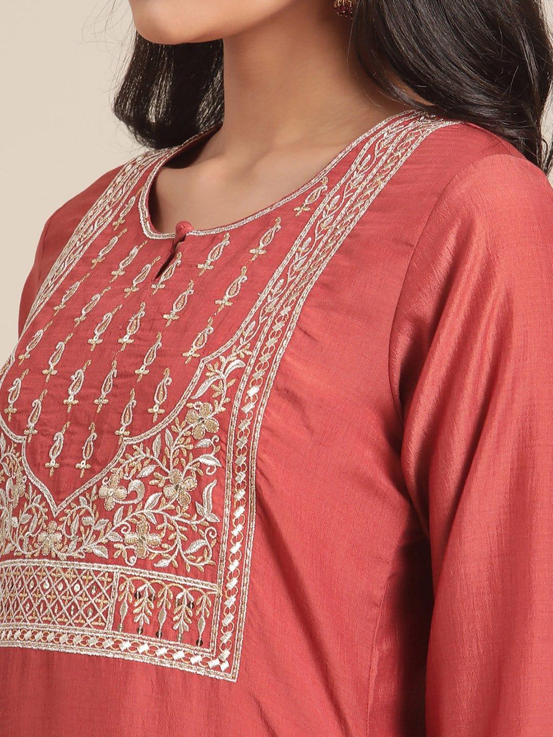 Rust Color Round Neckline Embroidred Straight Kurta With Emroidered Bottom - Indiakreations