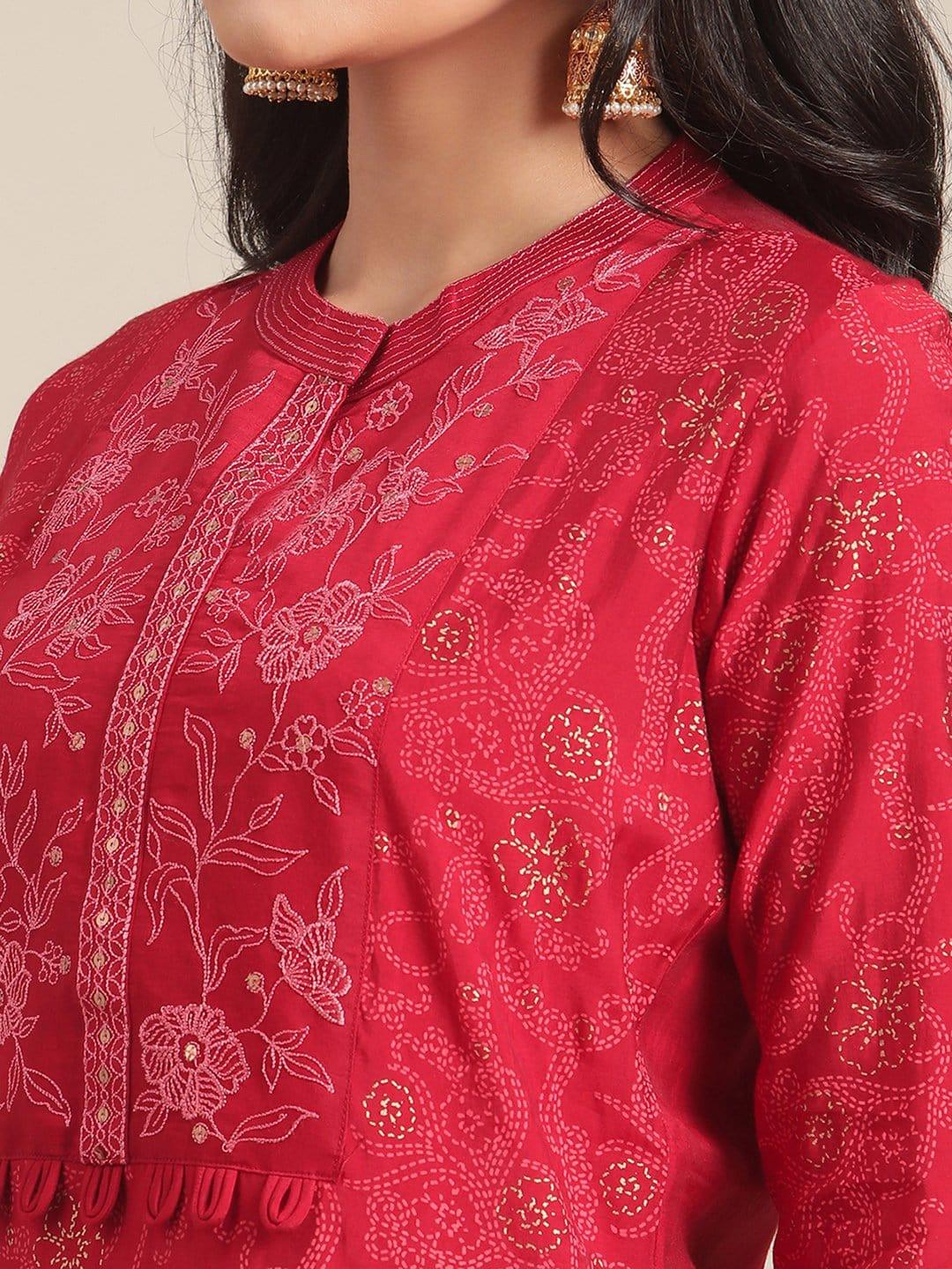 Red Printed Kurta Trouser Set With Thread Embroidery On Yoke - Indiakreations