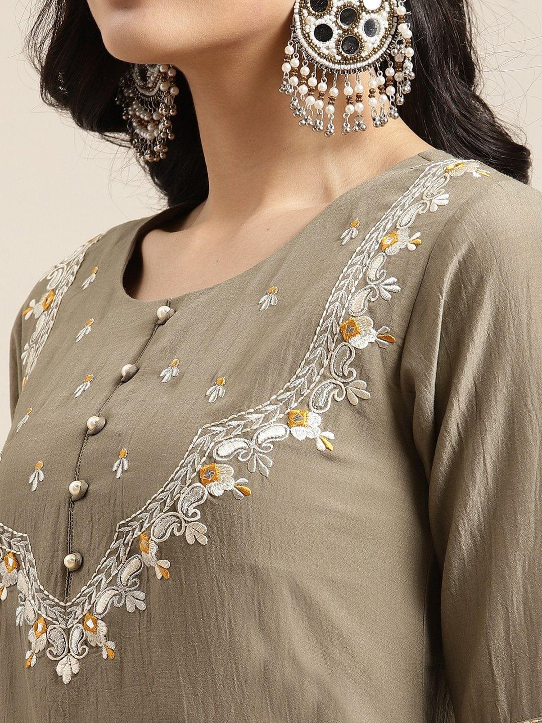 Olive Round Neck Kurta With Yoke And Sleeve Embroidery And Paired With Off-White Trouser Having Organza Scalloped Hem And Heavy Gota Embroidered Dupatta - Indiakreations