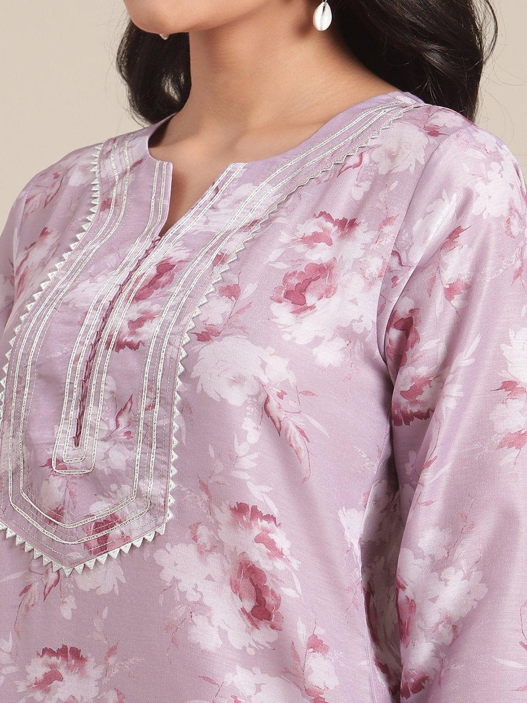 Mauve Floral Printed And Gota Embellished Yoke And Sleeves Kurta - Indiakreations