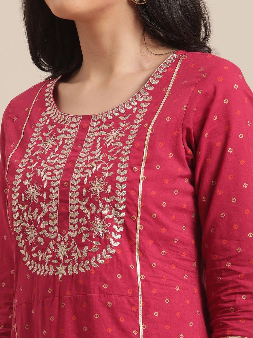 Magenta Zari Embroidery A Line Kurta With Off White Crushed Gota Palazzo - Indiakreations