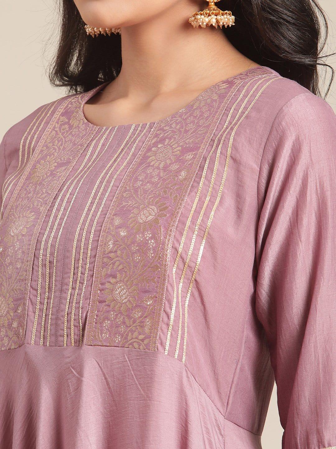 Mauve Flared Anarkali Kurta And Embellished With Brocade And Gota Patch And Paired With Trouser - Indiakreations