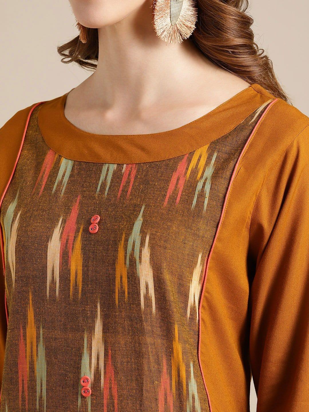 KSUT Mustard And Multi Color Ikat Woven Kurta With 3/4Th Sleeves - Indiakreations