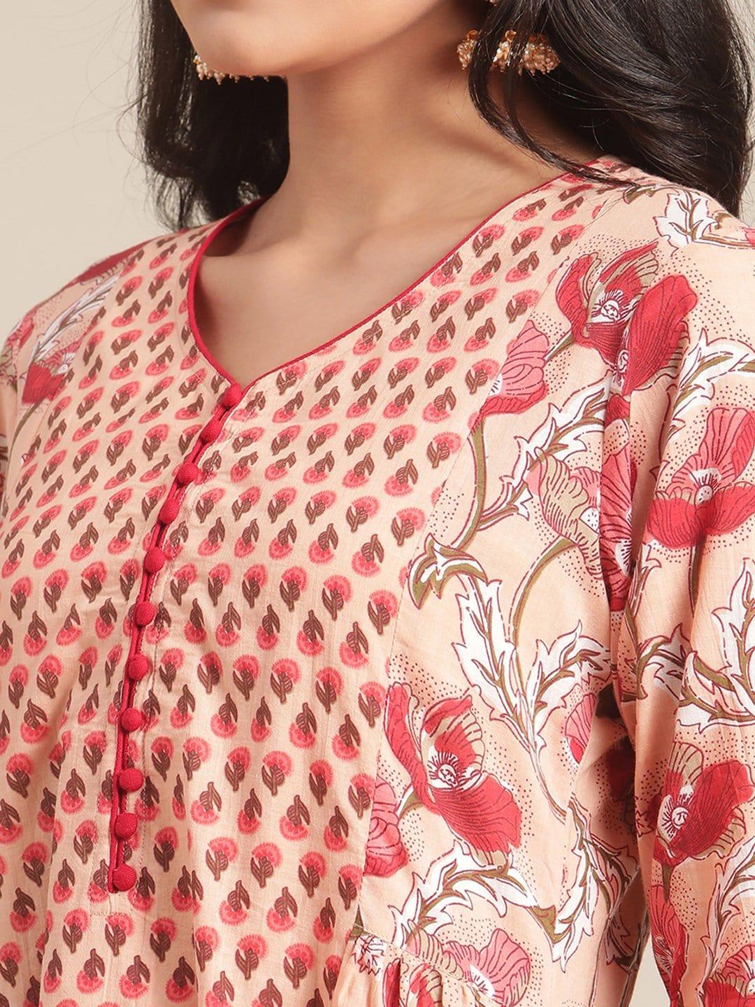 Varanga Peach And Red Floral Printed Kurta With V Neckilne And Regular Sleeves - Indiakreations