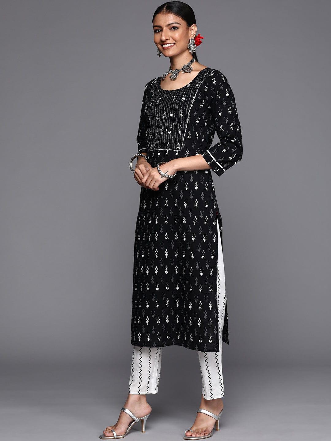 Varanga Women Black Ethnic Motifs Printed Pure Cotton Kurta with Trousers & Dupatta - Indiakreations