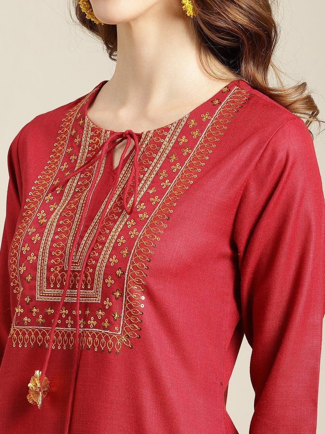 KSUT Maroon Ethnic Motifs Embroidered Layered Pure Cotton Kurti with Sharara & With Dupatta - Indiakreations