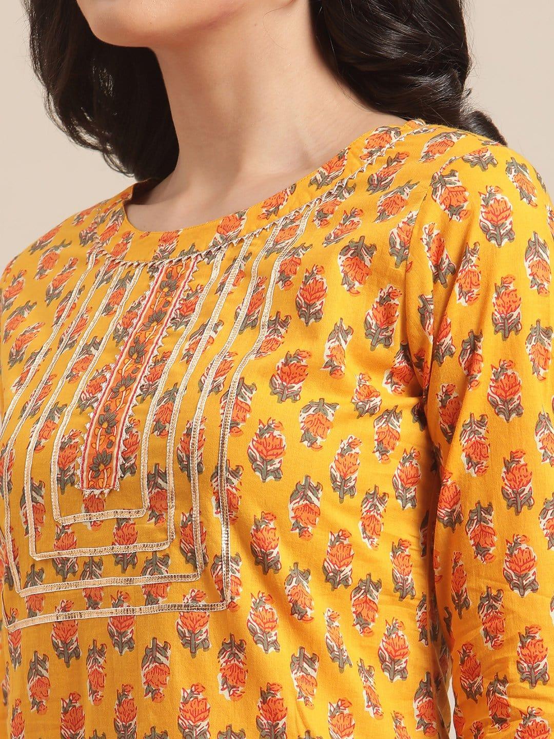 Mustard Floral Printed Kurta With Gota Work On Yoke And 3/4Th Sleeves - Indiakreations